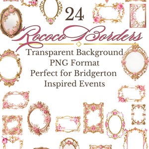 Puede incluir: 24 Bordes Rococó, una descarga digital de marcos ornamentados dorados y rosados con fondo transparente. Perfecto para eventos inspirados en Bridgerton.