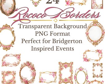 Rococo roze en gouden lijst clipart: barokke png-randen (digitale download), edwardiaanse uitnodigingen, stationair