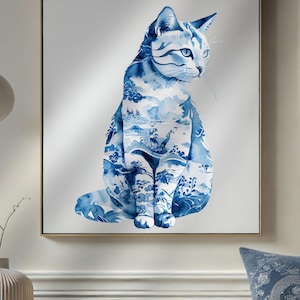 Art mural chinois chat, Clipart, PNG bleu blanc, téléchargement numérique, décoration imprimable, illustration graphique toile de Jouy, inspiration asiatique