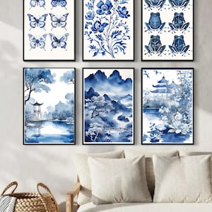 Bundle d'art mural chinoiseries PNGs bleus art mural bohème toile de Jouy d'inspiration asiatique chinoiseries papillon grenouille fleurs