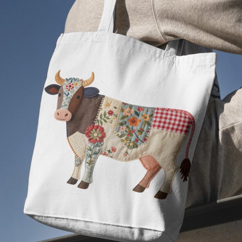 Eight patchwork quilted PNGs featuring various farm animals, including a duck, rabbit, bear, goat, cow, dog, sheep, and cat. Each animal is crafted with a mix of floral and red gingham fabrics, creating a charming, rustic aesthetic.