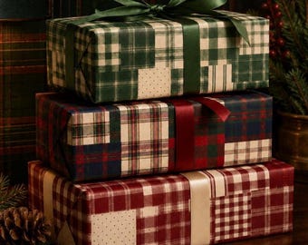 Ralph Lauren Christmas, Patchwork Dark Red, Green, and Blue Plaid Wrapping Paper, Heritage Mixed Tartan Gift Wrap, Masculine Holiday Gifts