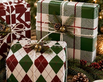 New England Lodge Christmas, Gingham Pattern Wrapping Paper, Traditional Holiday Gift Wrap, 90s Nostalgic Wrapping Paper Roll