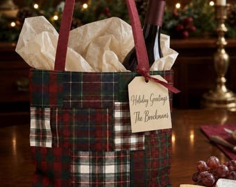 再利用可能なキャンバス製クリスマスギフトバッグ、ミックスチェック柄パッチワークギフトバッグ、ホリデーキャンバストートバッグ、赤と緑のクリスマスチェック柄デイリーバッグ