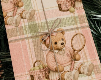 Pink Ralph Lauren Baby Shower, Teddy Bear Plaid Wrapping Paper | Vintage Toy Pattern, Tennis Bear Gift Wrap