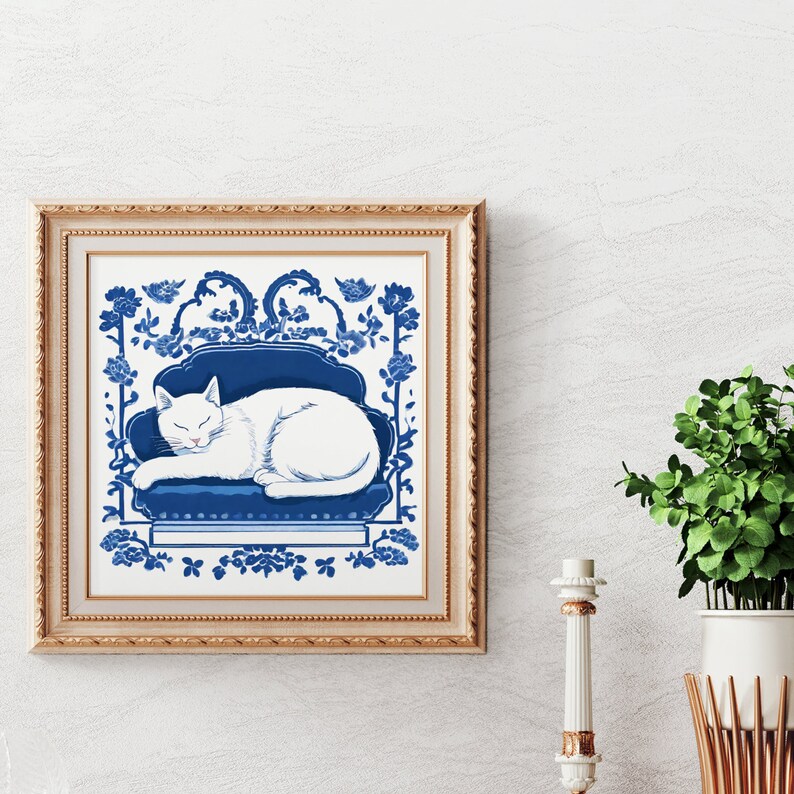Chinoiserie Cat Wall Art, Clipart, Blue White PNG, Digital Download, Printable Decor, Scrapbooking Illustrations, Graphics, Asian Inspired