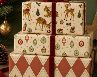 Vintage Christmas Wrapping Paper, 1950s Retro Christmas Gift Wrap, Whimsical Pink Mid Century Reindeer & Vintage Ornament Holiday Paper