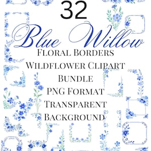 May include: A set of 32 blue watercolor floral borders, perfect for adding a touch of elegance to your designs. The borders feature delicate blue flowers and leaves, and are available in PNG format with transparent backgrounds.  "Blue Willow Floral Borders Wildflower Clipart Bundle PNG Format Transparent Background"