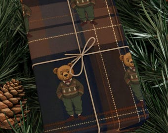 Ralph Lauren Christmas Wrapping Paper, Dark Tartan Plaid, Vintage Teddy Bear, Grandpa Core