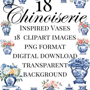 Chinoiserie Vase Clipart, Chinoiserie Toile de Jouy Wall Art, Floral PNG Images, Printable, Scrapbooking Graphics, DIY, Junk Journal, Delft,