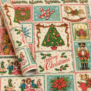 May include: A roll of wrapping paper featuring a grid of Christmas illustrations including a rocking horse, a decorated tree, a nutcracker, children in winter clothing, holly, poinsettias, and the text Merry Christmas in red cursive script.