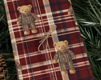 Ralph Lauren Christmas, Dark Tartan Plaid Teddy Bear Wrapping Paper, , Masculine Gift Wrap, Mens Wrapping Paper, Nutcraker