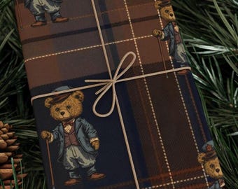Ralph Lauren Christmas, Dark Tartan Plaid Wrapping Paper, Teddy Bear , Masculine Gift Wrap, Mens Wrapping Paper, Vintage