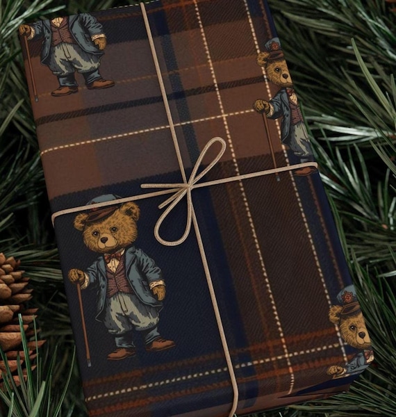 Ralph Lauren Christmas, Dark Tartan Plaid Wrapping Paper, Teddy Bear , Masculine Gift Wrap, Mens Wrapping Paper, Vintage