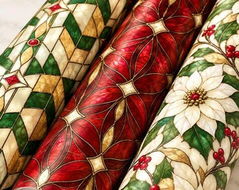Stained Glass Christmas Wrapping Paper, Traditional Holiday Gift Wrap, Vintage Christmas Wrap, Luxury Gift Paper