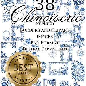 Clipart floral chinoiserie: imágenes PNG azules y blancas (descarga digital)