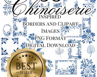 Chinoiserie bloemen clipart: blauw-witte png-afbeeldingen (digitale download)