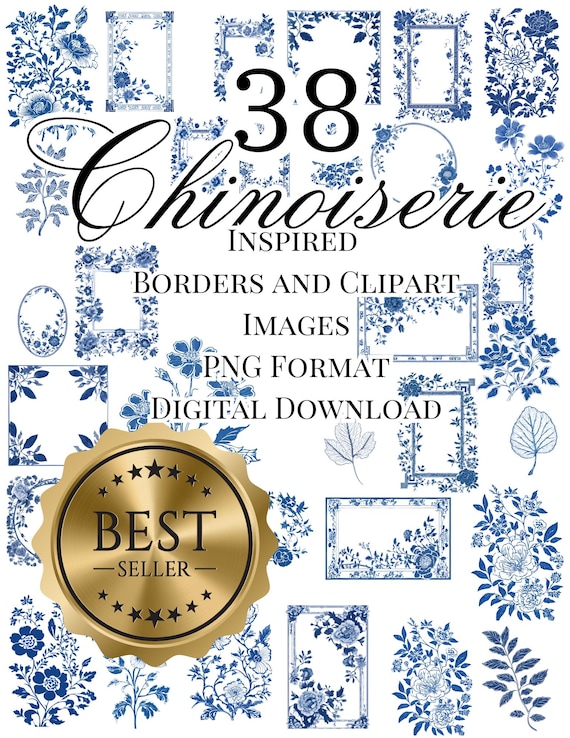 Chinoiserie Floral Clipart: Blue & White PNG Images (Digital Download)