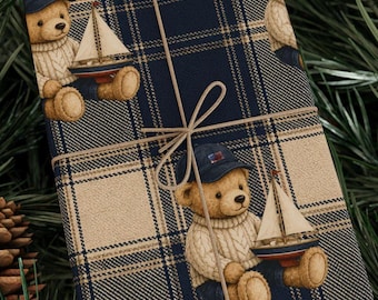 Ralph Lauren Baby Shower, Teddy Bear Plaid Wrapping Paper | Vintage Toy Pattern, Navy Beige Sail Boat Gift Wrap