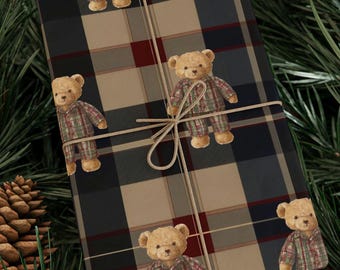 Ralph Lauren Christmas, Dark Plaid Wrapping Paper, Teddy Bear, Masculine Gift Wrap,