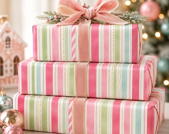 Christmas Candy Stripes Gift Wrap, Pink Striped Wrapping Paper Roll