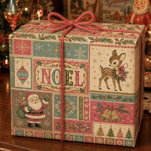 May include: A square gift box wrapped in vintage-style paper featuring a patchwork design of Christmas motifs including a deer, Santa Claus, bells, and snowflakes. The word NOEL is printed in red and green, tied with a red twine bow on top.