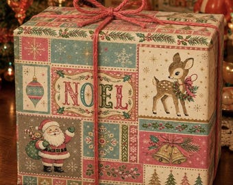 Vintage Christmas Wrapping Paper, Retro 1950s Inspired Gift Wrap, Kitschy Style Holiday Patterns, Mid Century Festive Patchwork