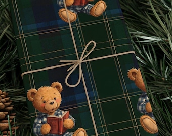 Ralph Lauren Christmas, Tartan, Blackwatch, Vintage Teddy Bear, Blue and Green Plaid Wrapping Paper,