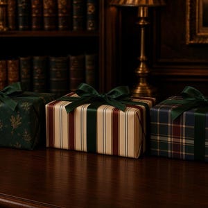 May include: Three rectangular gift boxes wrapped in paper and tied with dark green satin ribbons. The first box features a dark green pattern with gold botanical motifs, the second has vertical cream and burgundy stripes, and the third has a plaid pattern.