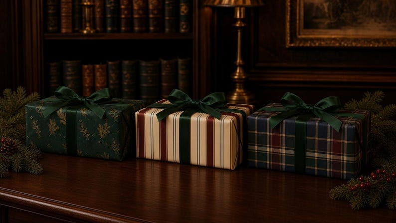 May include: Three rectangular gift boxes wrapped in paper and tied with dark green satin ribbons. The first box features a dark green pattern with gold botanical motifs, the second has vertical cream and burgundy stripes, and the third has a plaid pattern.