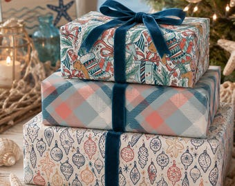 Coastal Beach Holiday Wrapping Papers, Festive Beach Ornaments Patterned Gift Wrap, Hand drawn Ginger Bread Paper
