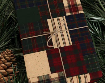 Ralph Lauren Christmas, Patchwork Dark Red Plaid Wrapping Paper, Mixed Plaids Gift Wrap,