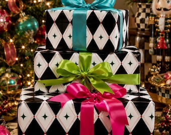Whimsical Black and White Christmas, Whimsical Harlequin Argyle Wrapping Paper, Circus Holiday Gift Wrap, Bright Colored Birthday Paper