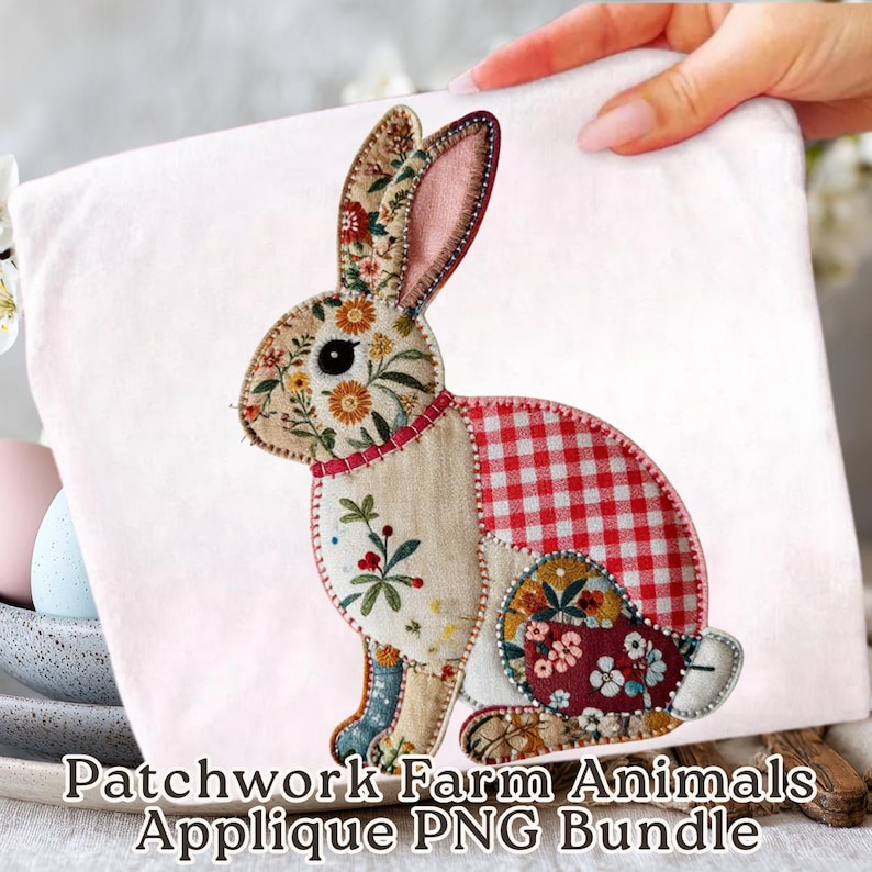 Eight patchwork quilted PNGs featuring various farm animals, including a duck, rabbit, bear, goat, cow, dog, sheep, and cat. Each animal is crafted with a mix of floral and red gingham fabrics, creating a charming, rustic aesthetic.