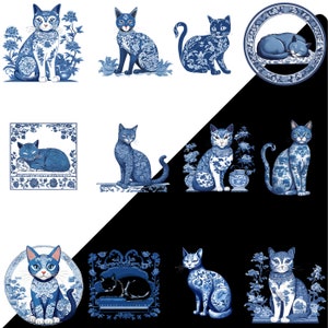 Chinoiserie Cat Wall Art, Clipart, Blue White PNG, Digital Download, Printable Decor, Scrapbooking Illustrations, Graphics, Asian InspiredToile de Jouy