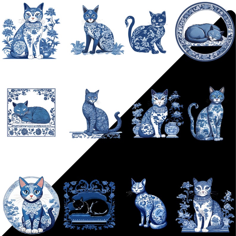 Chinoiserie Cat Wall Art, Clipart, Blue White PNG, Digital Download, Printable Decor, Scrapbooking Illustrations, Graphics, Asian InspiredToile de Jouy