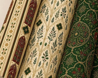 Gothic Cathedral Christmas Wrapping Paper, Victorian Holiday Gift Wrap, Medieval Botanical, Old World Poinsettia Holly Design