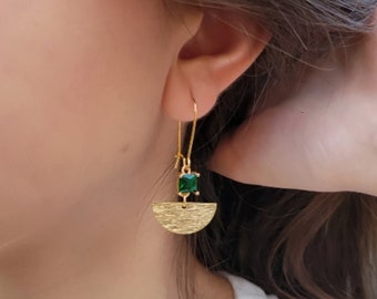 Art Deco Emerald Earrings, Zirconia Crystal Art Nouveau Drop Earrings, Geometric Statement Jewelry, May Birthstone Birthday Gift