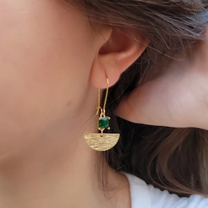Art Deco Emerald Earrings, Zirconia Crystal Art Nouveau Drop Earrings, Geometric Statement Jewelry, May Birthstone Birthday Gift