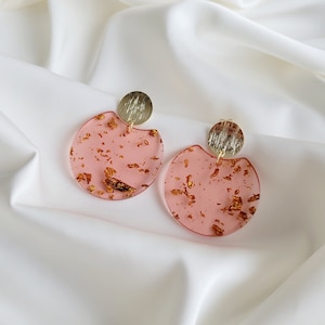 Rose Large Circle Statement Earrings, Gold Foil Clear Acetate Acrylic Dangling Chunky Earrings, Modern Women's Jewelry
