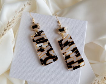 Art Deco Black And White Earrings, Art Nouveau Rectangle Tortoise Shell Drop Earrings, Acetate Acrylic Dangling Earrings Statement Earrings