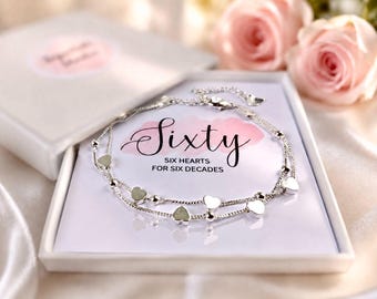 60th Heart Birthday Bracelets Gifts, Sterling Silver Women's Bracelet 60th Birthday Gift For Her, 60th Birthday Jewelry