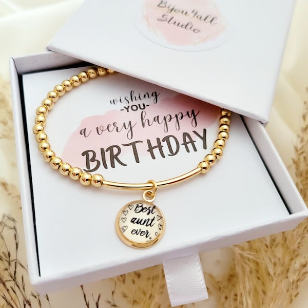 Best Aunt Ever Bracelet Birthday Gifts, Gold Beaded Women's Bracelet Personalized Gift For Her Auntie, Women's Jewelry Birthday Gift