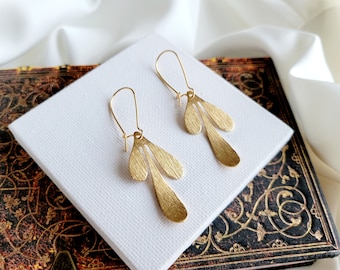 Gold Brushed Leaf Drop Earrings, Wavy Leaf Dangling Earrings, Gold Long Earrings, Nature Inspired Earrings, Mom Gift For Her