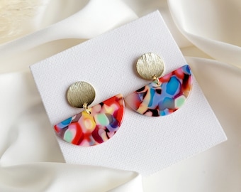 Simple Multicolored Geometric Statement Earrings, Tortoise Shell Drop Stud Gold Earrings, Acetate Acrylic Statement Jewelry, Gift For Friend