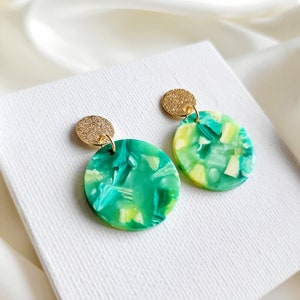 Sunny Green Circle Statement Dangling Earrings, Coloured Pendant Drop Earrings, Modern Women's Jewelry, Acetate Acrylic Jewelry