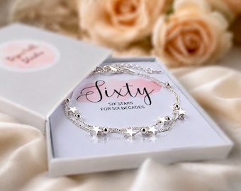 60th Birthday Star Bracelet Jewellery Gifts For Women, 60th Sterling Silver Decade Bracelet Gift For Her Mum Friend