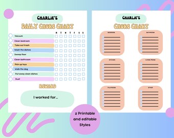 Editable Kid's Chore Chart, Printable Chore Chart, Reward System, Chore Checklist