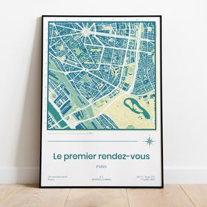 Carte lieu personnalisée - cartographie couleur, plan avec date pour célébrer évènement, rencontre, couple sur une affiche.