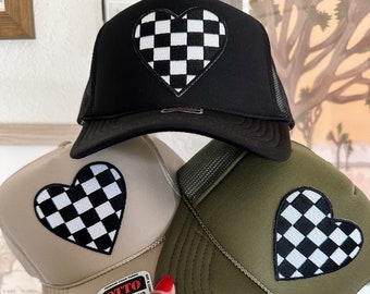 Checkered Heart Trucker Hat, Trendy Hats